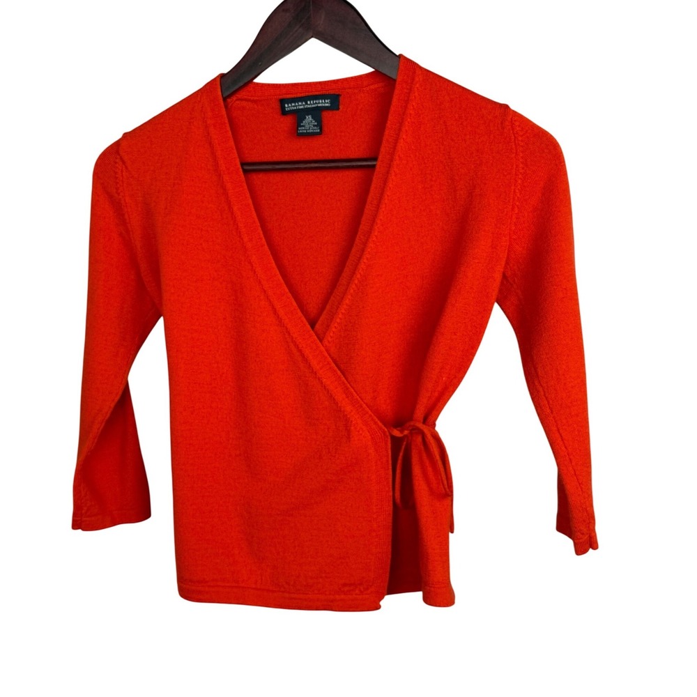 Banana Republic Wrap Cardigan Womens XS Orange 100% Merino Wool 3/4 Sleeve
